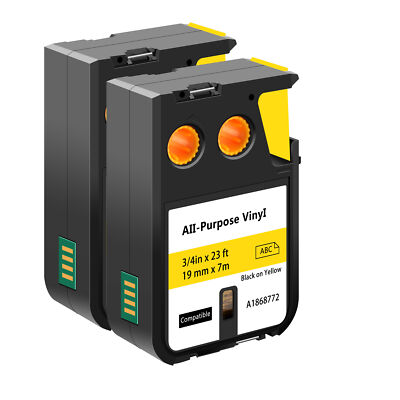2PK Vinyl Tape Black on Yellow 1868772 for DYMO XTL-500 XTL-300 Label Maker 19mm