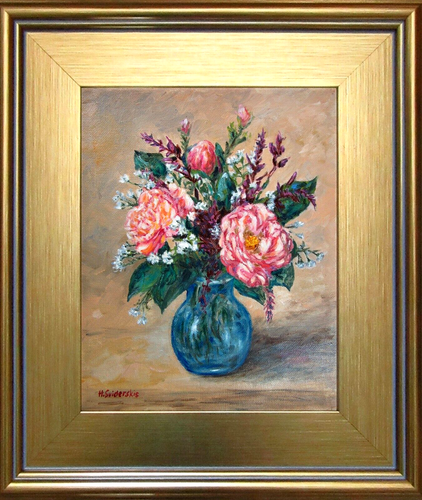 Gerahmt signiert Original Ölgemälde Strauß rosa Rosen weiße Blumen blaue Vase