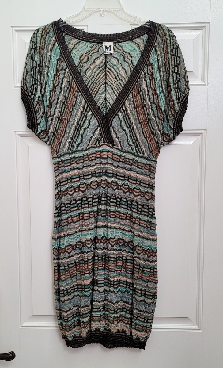 M Missoni Blue Brown Metallic Knit Stretchy Dress size 42 US 6 V