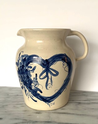 Casey Pottery Stoneware Pitcher w Cobalt Blue Heart Wreath Hand painted Signed
