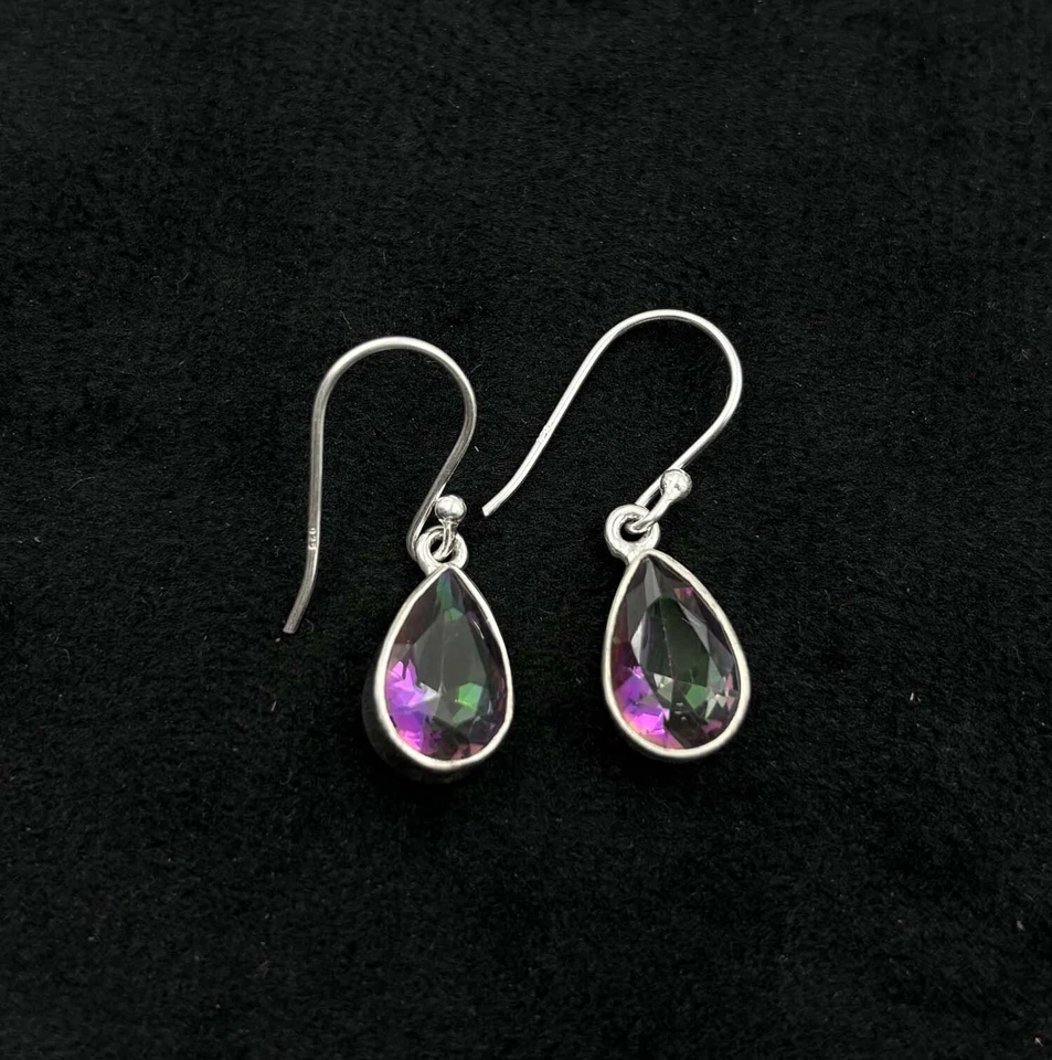 Juego de pendientes de anillo hechos a mano de topacio místico arco iris de plata esterlina 925 maciza Foto 2 de 4