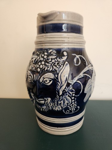 German Salt Glazed Stoneware Cobalt Blue Pitcher Creamer Grapes Greenman Signed - Picture 5 of 10
