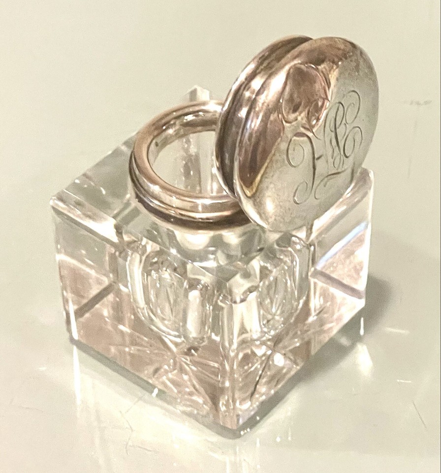 Vintage Antique Monogrammed Sterling Silver Crystal Cut Desk Inkwell Accessory