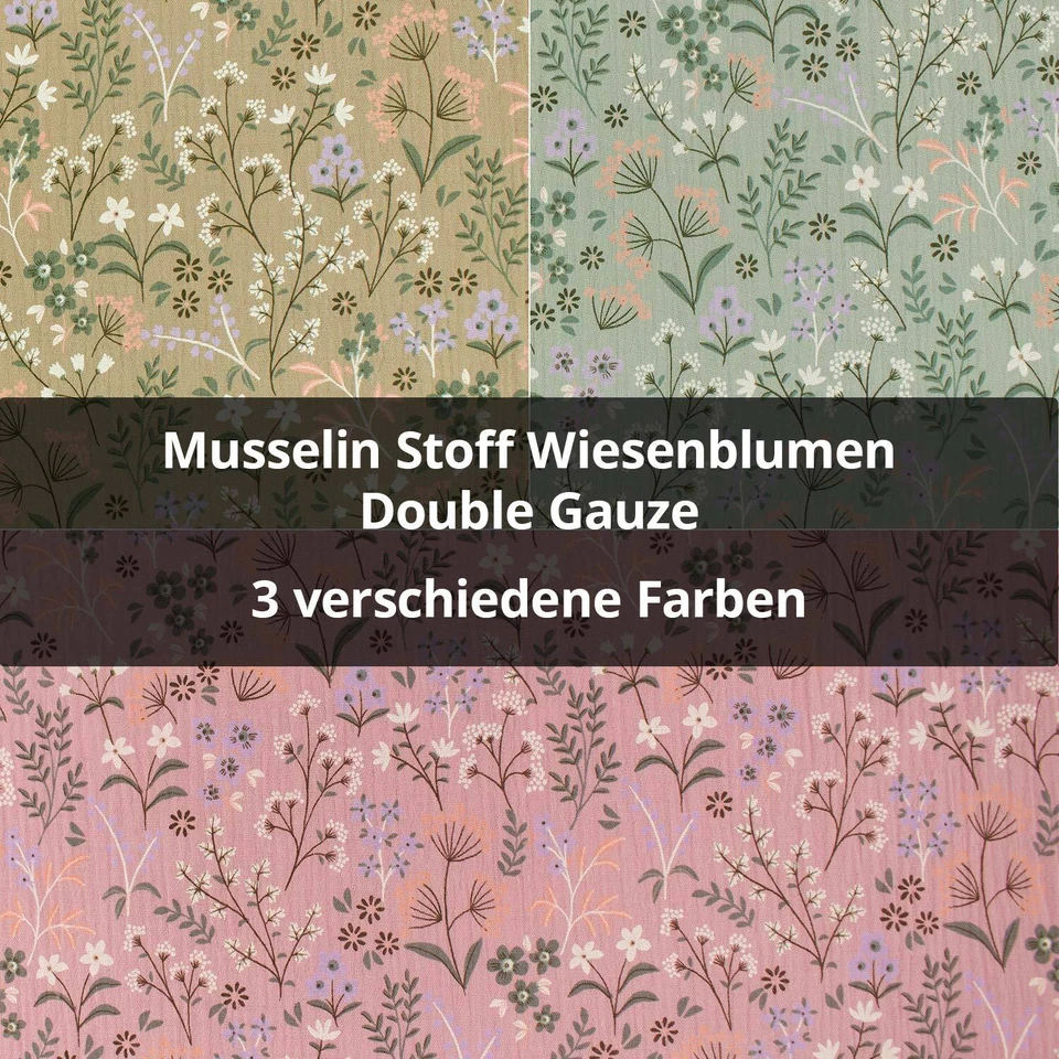 FITZIBIZ Musselin Stoff Wiesenblumen, Double Gauze (Meterware ab 0,50m)
