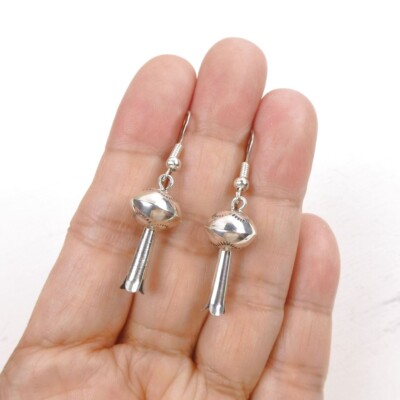 Native American Navajo Shiny Sterling Silver Small Squash Blossom Drop Earrings