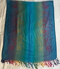 Pashmina Rectangle Scarf Wrap Shawl Tropical Floral Rainbow Hues Blue  28 x 68”