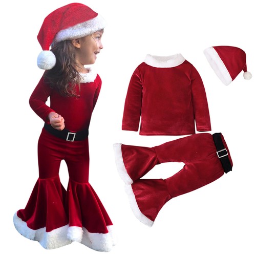 Kids Girls Suit Christmas Cosplay Patchwork Pullover Tops Pants Hat Belt Outfits - Picture 4 of 14