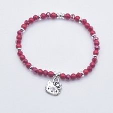 Hello Kitty Bracelet with Red Crystal, Glas Beads, Silver-Plated Stretch Design