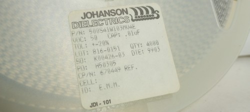 Reel of 4,000 Johanson .01uF 50VDC Ceramic Chip Capacitors P/N 500S41W103MV4E - Picture 2 of 5
