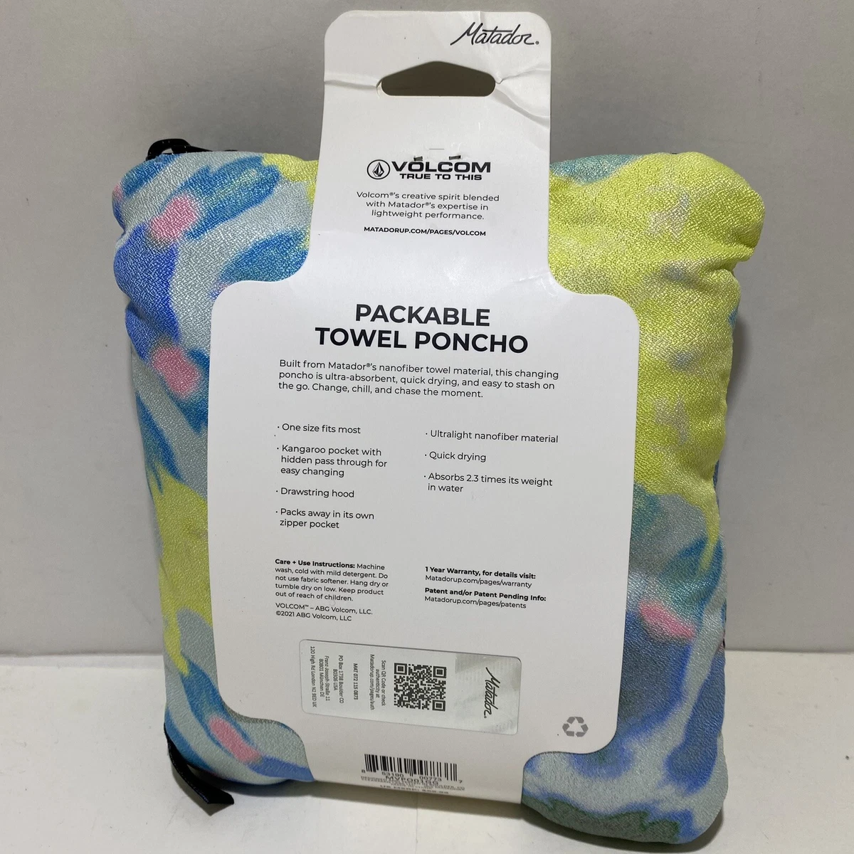 Matador Volcom Tie Dye Packable Poncho Towel Hooded Black Yellow Unisex Beach