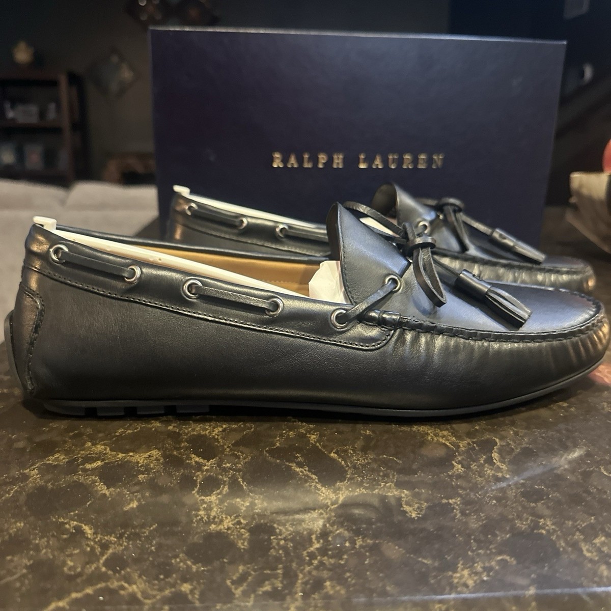 Ralph Lauren Harold Tassel Black Leather Driving Loafers 