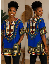 Women's Blue Cotton Dashiki Short Sleeve Tunic Top, African Print, One Size