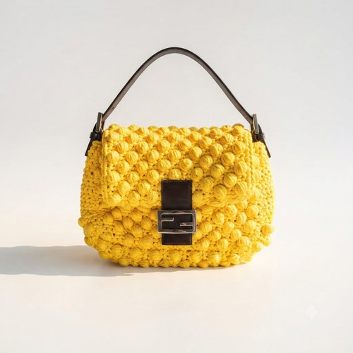 Fendi Baguette Bright Yellow Shoulder Bag Vintage Rare Bobble Crochet Knit Auth
