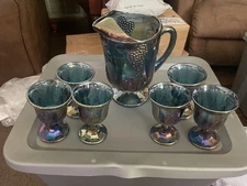Vintage Indiana Glass Carnival Blue Harvest Grapes Design Pitcher & 6 Goblet Set