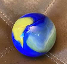 Vintage Blue Yellow Green Swirl Style Glass Toy Marble 1.5  Diameter 3.1 Ounces