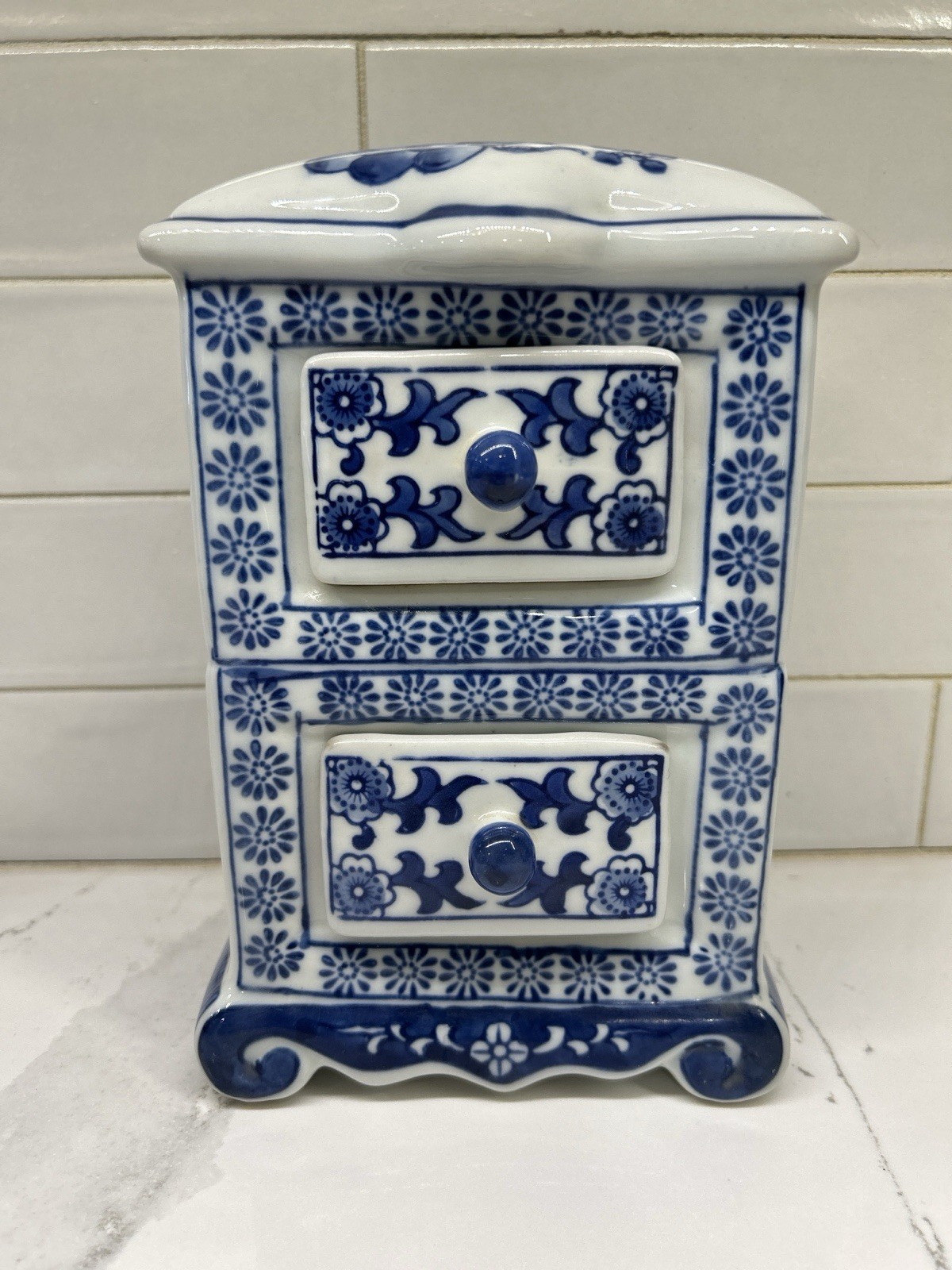 Cobalt Blue White Chinoiserie Porcelain Chest of Drawers 8” Jewelry Box
