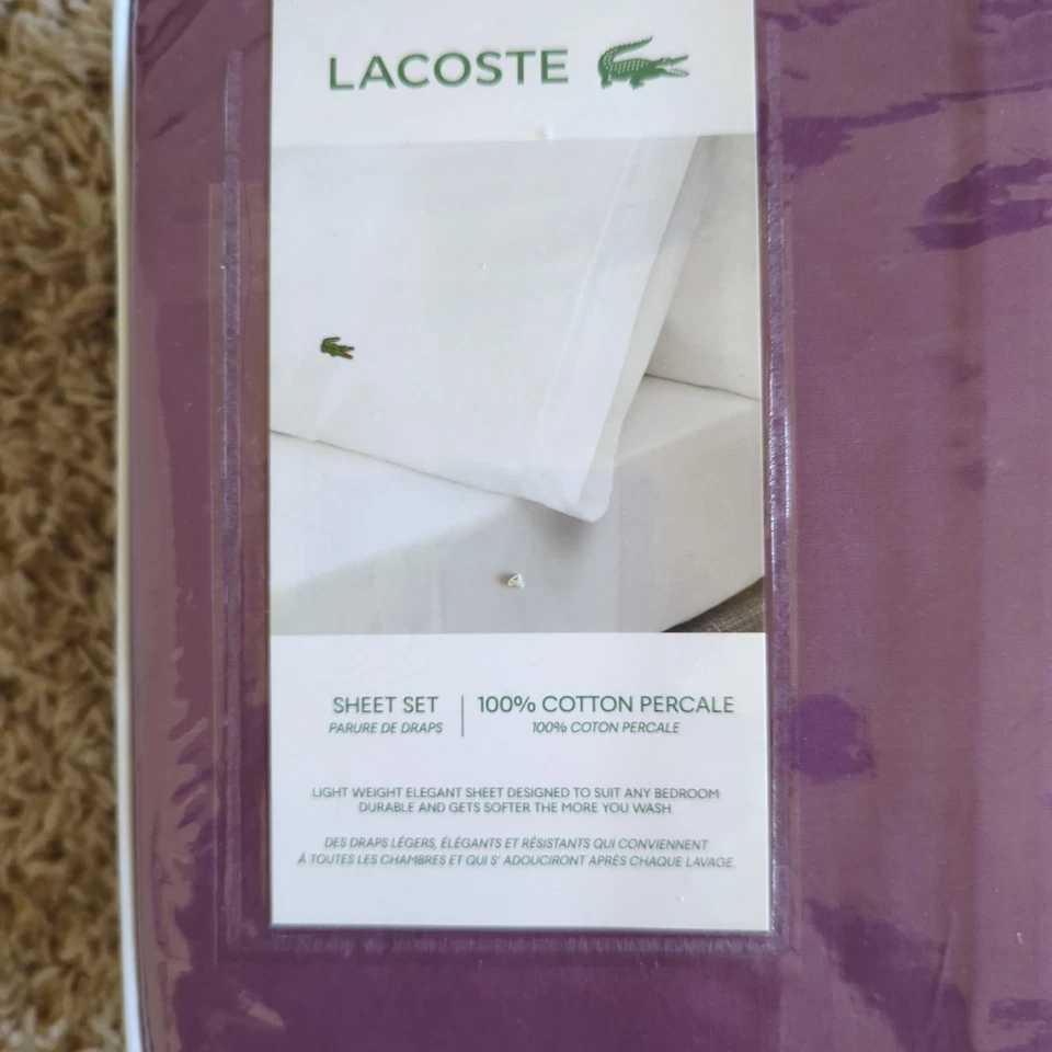Conjunto de lençóis Lacoste Queen percal sólido ameixa 100% algodão peso leve elegante - Imagem 2 de 4