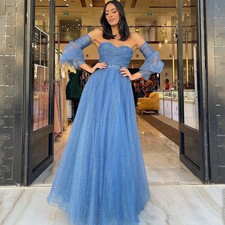 Blue Sweetheart Evening Dresses Glitter Sequined Tulle Detachable Sleeves Gowns