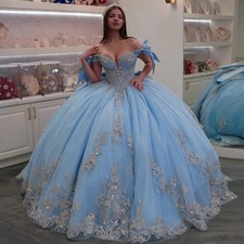 Blue Quinceneara Dress Bow V Neck Off Shoulder Lace-up Applique Ball Gown Party