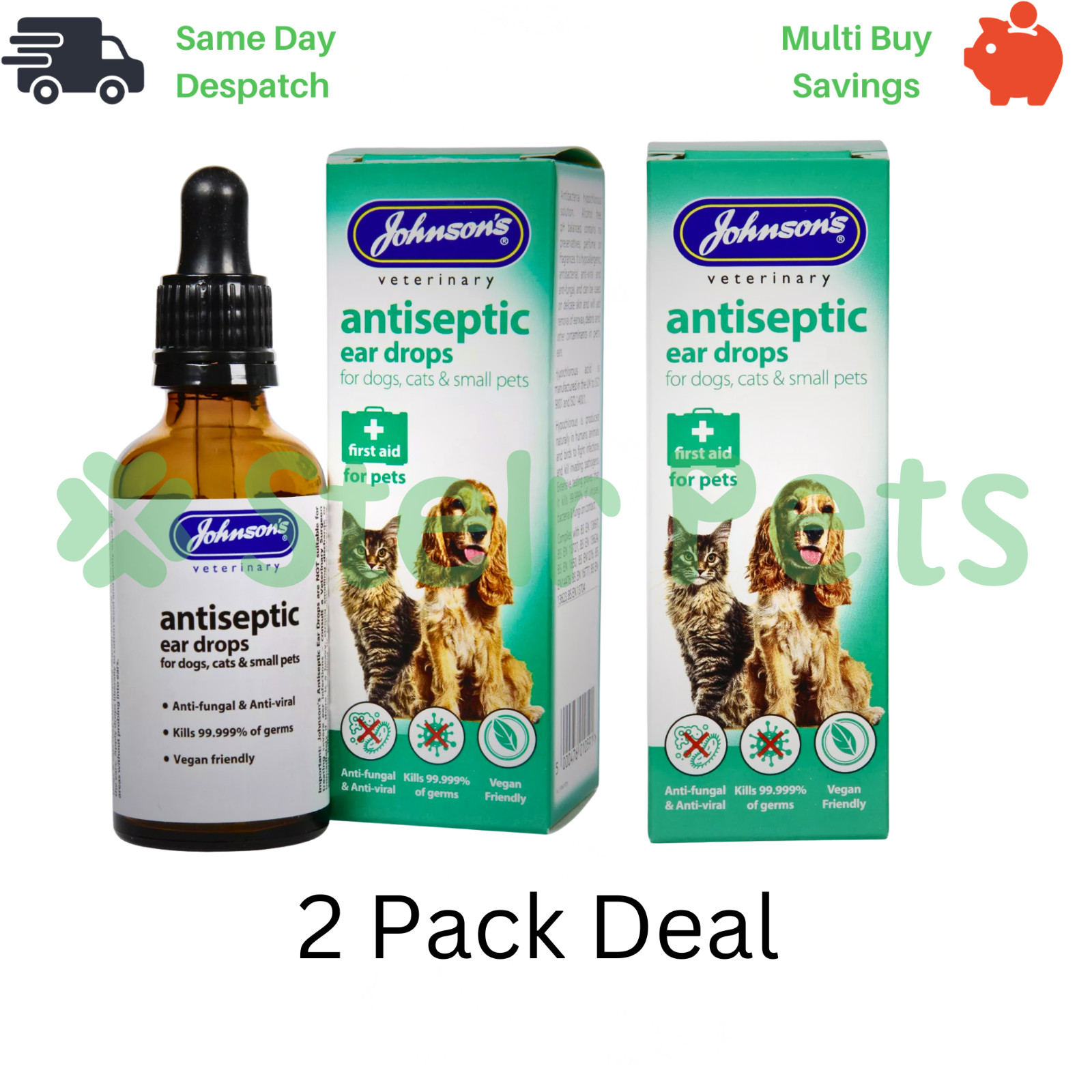 JOHNSONS VETERINARY ANTISEPTIC EAR DROPS FOR DOGS CATS SMALL ANIMALS 50ML 2PK