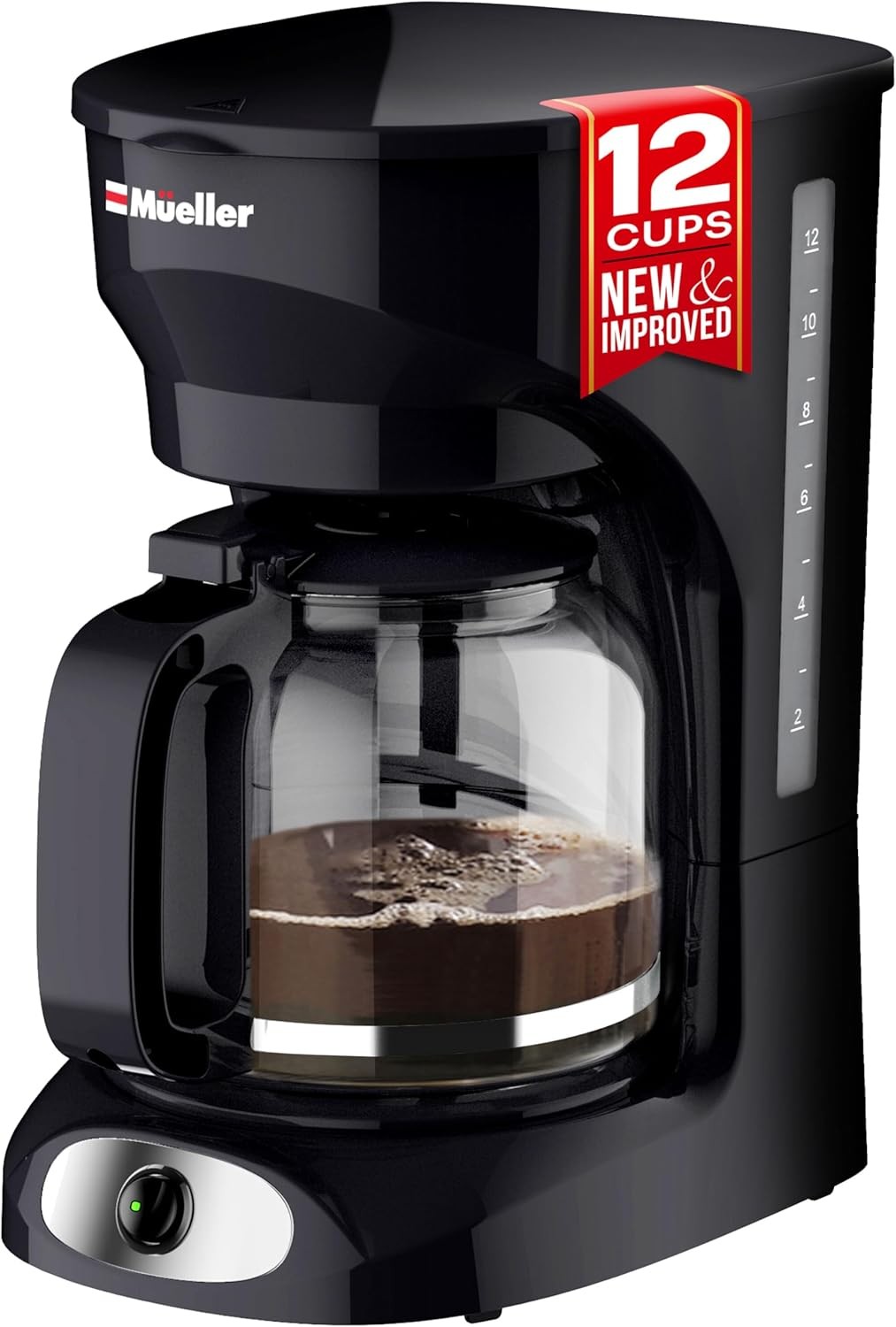 12-Cup Drip Coffee Maker - Borosilicate Carafe, Auto-Off, Reusable Filte