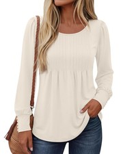 Ficerd Women's Puff Long Sleeve Boho Tunic Tops Pleated Crew Neck Flowy Blous...