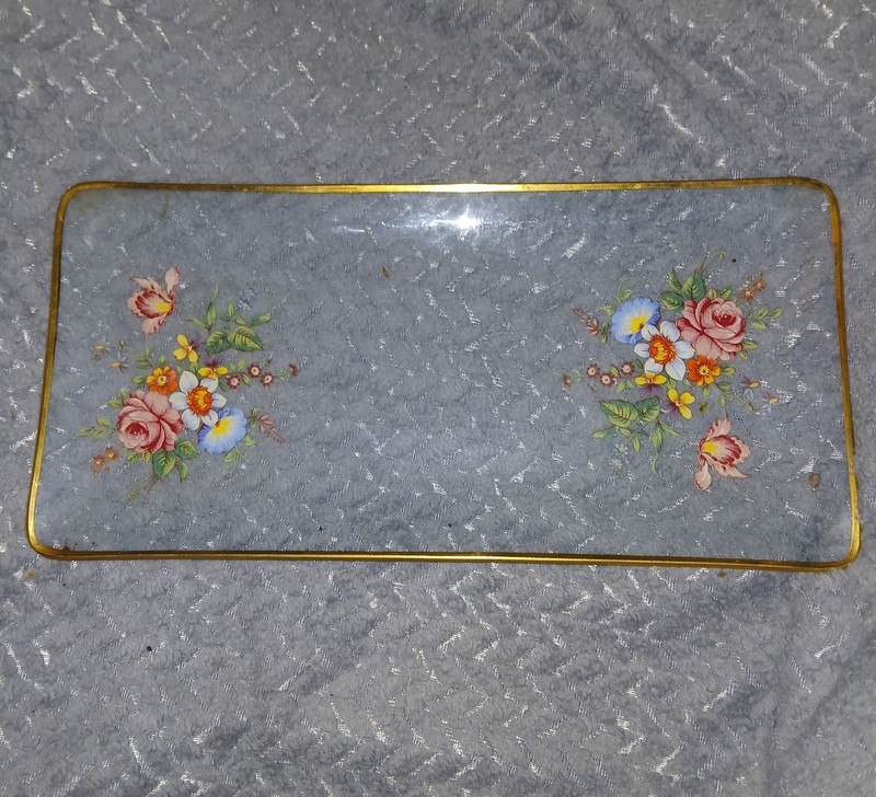 ​Vintage Reversible Floral Bent Glass Trinket Dish Sunken Dresser Tray Gold Trim
