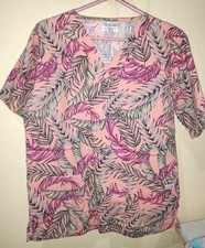 Salmon Leaves Scrub Top - V Neck Short Sleeve UA Scrubs Size Small
