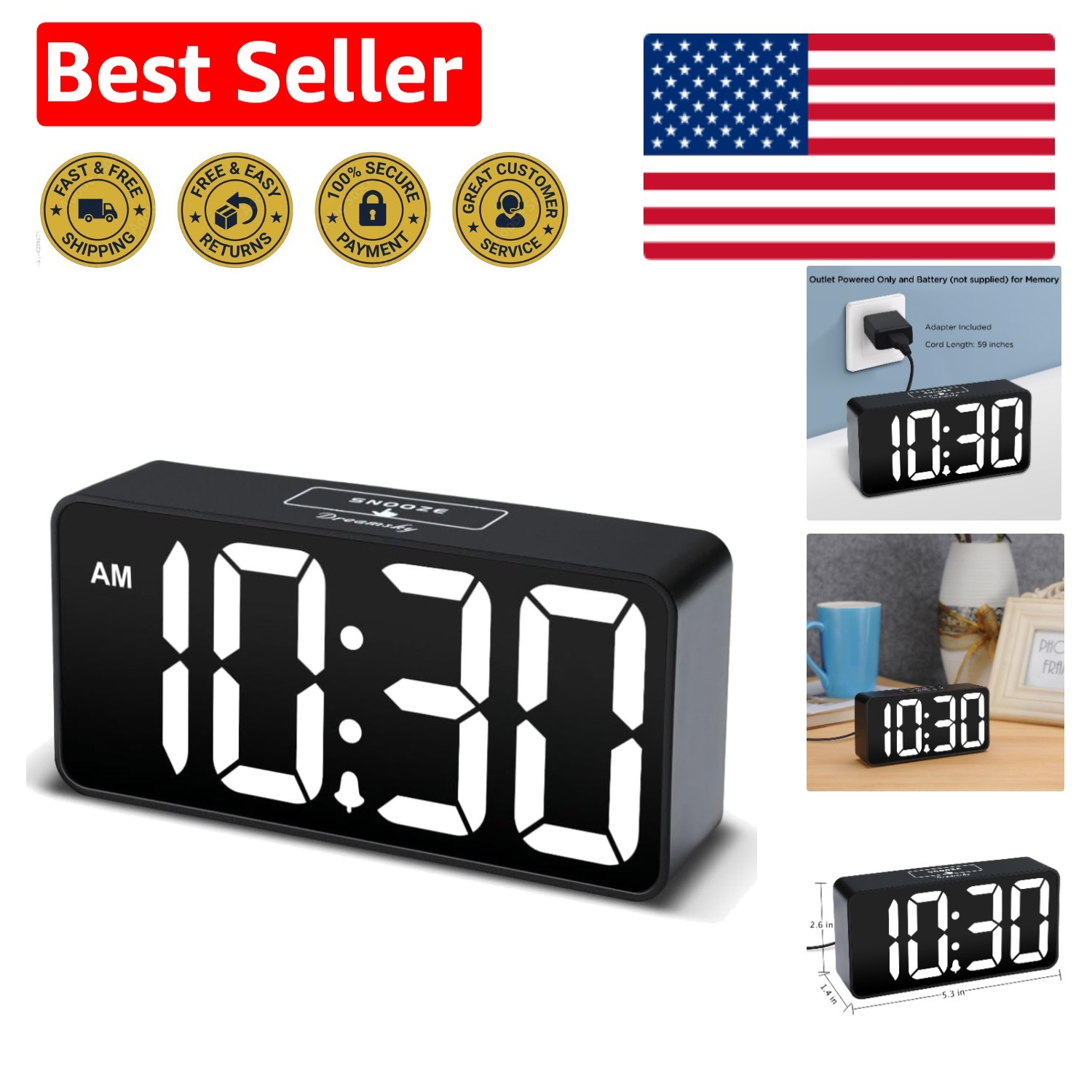 Large LED Display Digital Alarm Clock with Brightness Dimmer