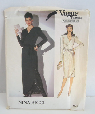 Vogue Patterns 1074 Nina Ricci Front Wrap Bodice Dress Misses' 8 Uncut
