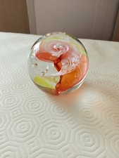 Vintage Large Glass Paperweight with Orange & White Swirl Design By TVG.