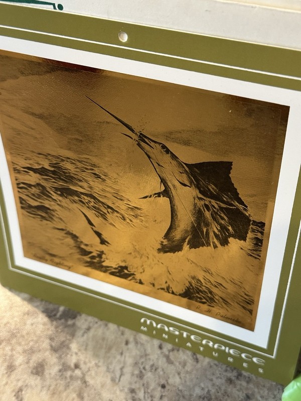 7 Miniature Copper Etchings 1968 Hunting Fishing Wildlife Advertising