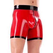 Red Latex Panties Front Zip Rubber Shorts Black with Trim Underwear for Men