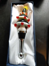 Hand Blown Glass Christmas Tree Wine Bottle Stopper Cork w/ BOX 5.25"