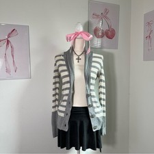 American Eagle Vtg Y2K Gray White Stripe Thermal Button Cardigan Sweater Small