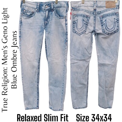 True Religion Jeans 34x34 Slim Mens Geno Relaxed Slim Light Blue Straight  Leg