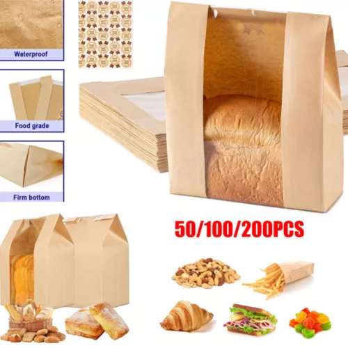 100/200X Kraft Paper Bread Bags Window Avoid Oil Toast Biscuit Food Packing Bag