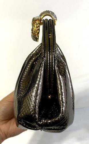 Vintage 80s Finesse La Model Charcoal Snakeskin Crystal Gold Clutch Evening Bag - Picture 10 of 12