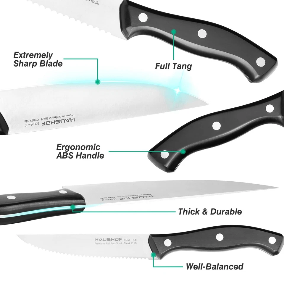 HAUSHOF 14 PCS Kitchen Knife Set With Block Wooden Razor-Sharp Stainless Steel - Image 2 of 4