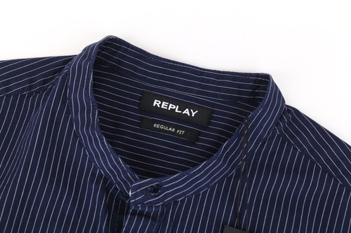 Replay Hombre CAMISA S Corte Normal Azul Algodón Puro Rayas Manga Larga - Imagen 3 de 10
