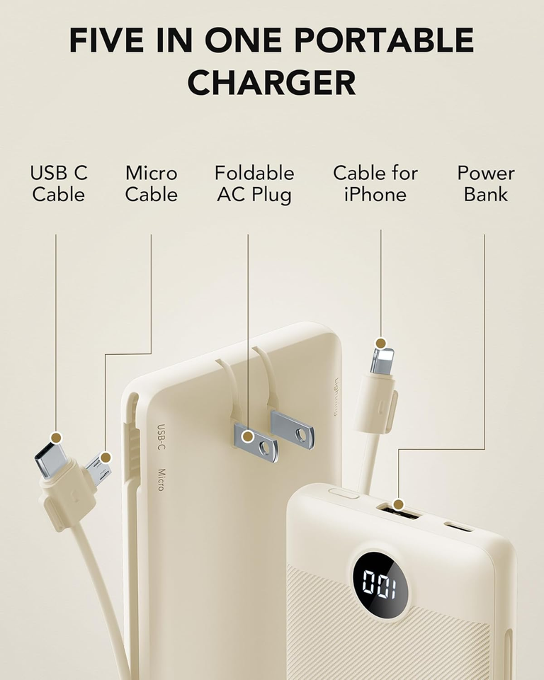 Portable Charger BuiltIn Cables and AC Wall Plug, USB C Power Bank