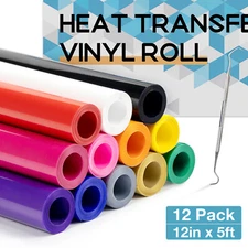 12x HTV Vinyl Bundles 12" x 5FT Heat Transfer Vinyl Iron on Heat Press T Shirts 