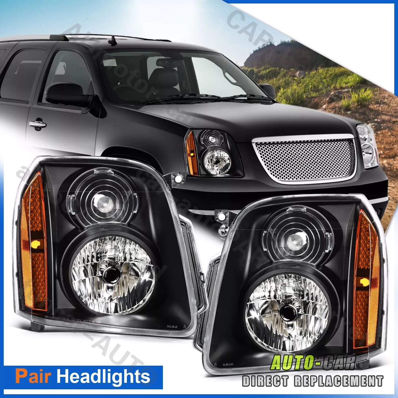 Black Housing Headlights For 2007-2014 GMC Yukon Denali XL1500 2500 NJ/DE