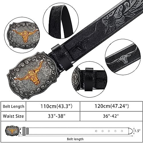 INOGIH Men-Western-Cowboy-Leather-Buckle-Belts For Waist 31''- 34'' Bull-black - Bild 2 von 7
