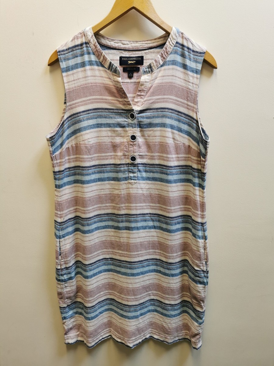PAUL COSTELLOE Multicoloured Striped Linen Blend Shirt Dress UK 16 Midi