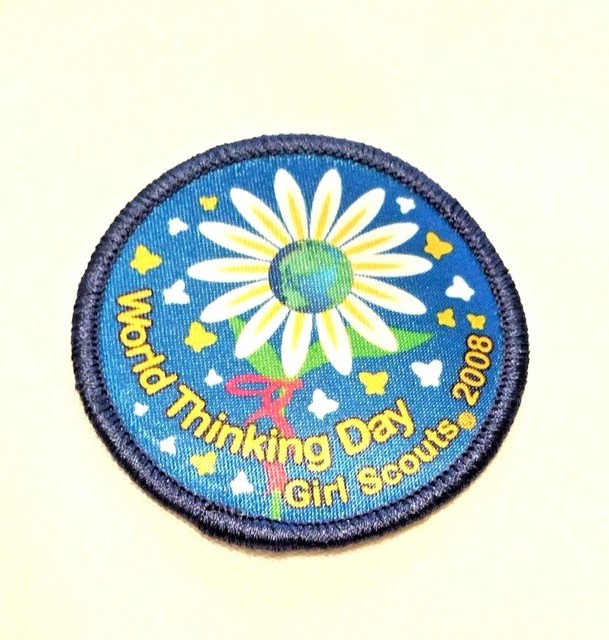 New GIRL SCOUT WORLD THINKING DAY PATCH Blue Flowers Butterflies Iron