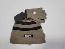Hurley Boys Youth 8/20  2 Piece Fold over Winter Beanie Hat Gloves Set Brown