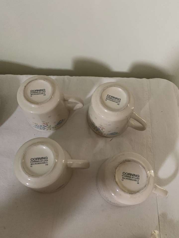 Corelle Coffee Cups and Saucers Symphony Tan Blue Ribbon Flowers Mugs Set of 4 eBay