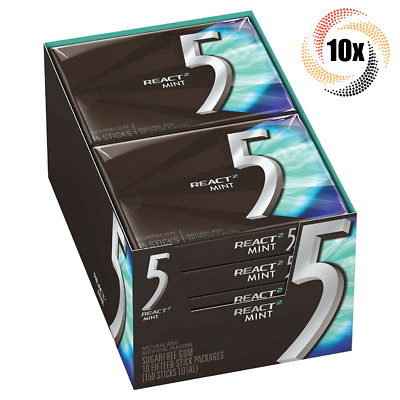 Full Box 10x Packs | 5 Gum React 2 Mint Flavor | 15 Sticks Per Pack | Sugar Free