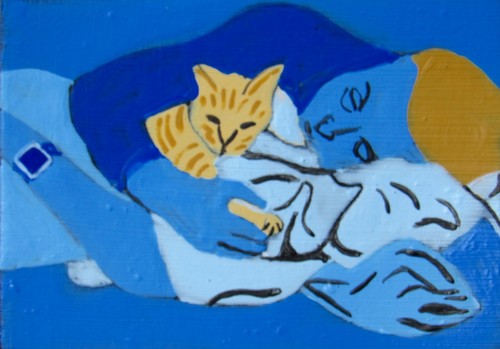 ACEO Original Painting CAT CUDDLE Contemporary Folk Outsider Art JEFF ZENICK